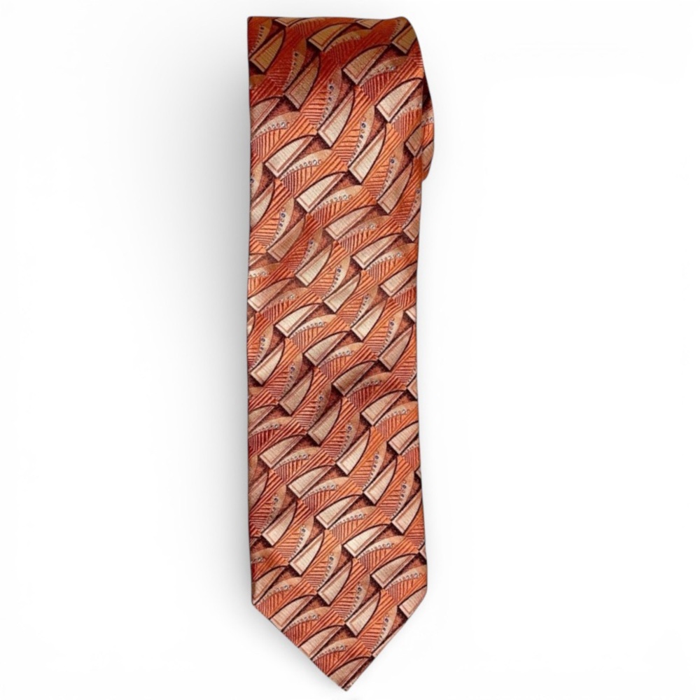 Jos A Bank Geometric Burnt Orange Beige Blue Dot Pattern Textured Silk Tie